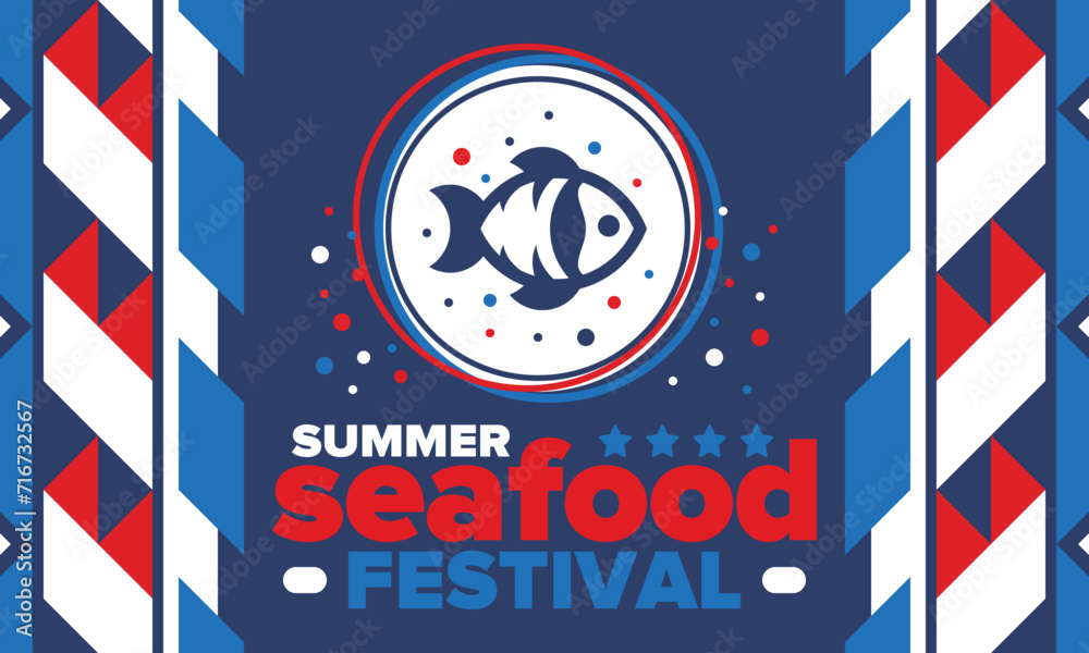 Seafood Summer Festival. Fish and Chips party. Family holiday event, happy celebration. Ocean and sea food. Healthy eating, outdoor barbecue. Vacation with delicious snack. Vector illustration