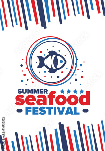 Seafood Summer Festival. Fish and Chips party. Family holiday event, happy celebration. Ocean and sea food. Healthy eating, outdoor barbecue. Vacation with delicious snack. Vector illustration