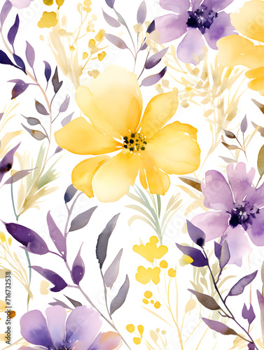 Watercolor yellow and purple abstract floral background 