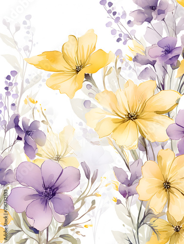 Abstract purple and yellow flowers on white background 