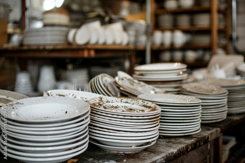 lots of dirty white plates in restaurant lots of dirty white plates in restaurant
