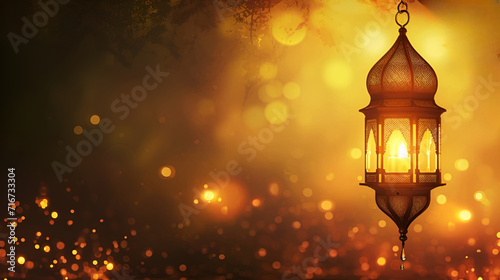 Gold hanging Islamic fanous lantern and star decoration. 3d Ramadan elements isolated on gold dusk bokeh background. 