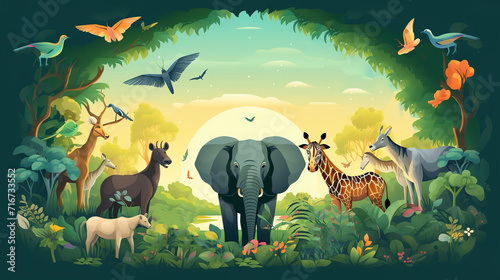 Background to World Wildlife Day, cartoon campaign illustrations for protected animals and plants,AI generated.