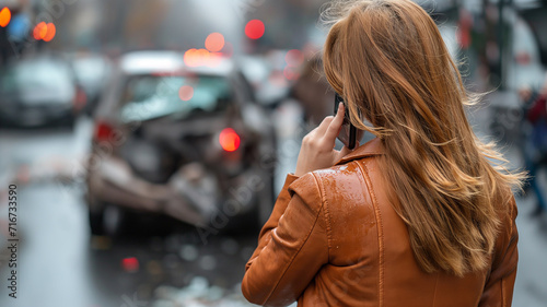 A young woman uses a cell phone to call insurance after a car accident on the road. photo