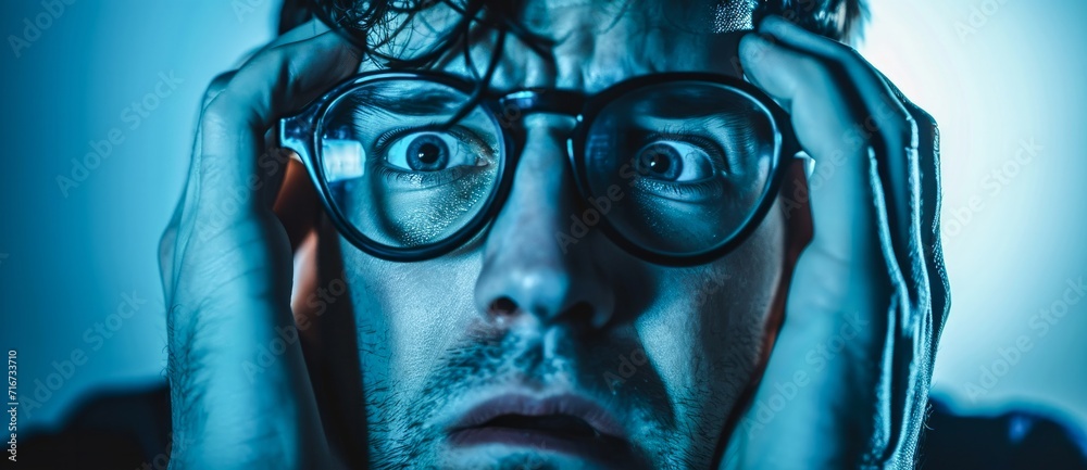 A bewildered man in glasses gazes in surprise at something unexpected, his human face reflecting a mix of shock and curiosity as he stands indoors, a portrait of astonishment A bewildered man in glasses gazes in surprise at something unexpected, his human face reflecting a mix of shock and curiosity as he stands indoors, a portrait of astonishment