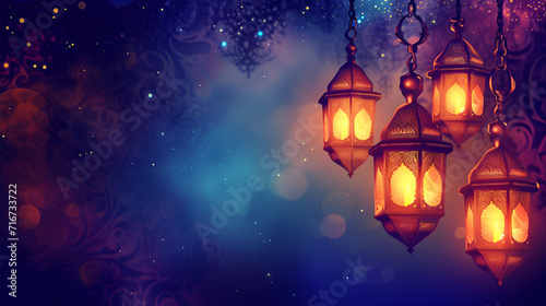 Gold hanging Islamic lantern on sparkle bokeh light background.