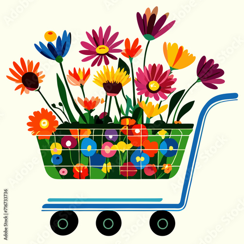 Illustration of a shopping cart full of colorful flowers. Vector illustration. generative AI