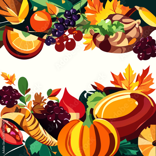 Thanksgiving day frame with autumn leaves, pumpkins, berries and fruits. Vector illustration. Generative AI