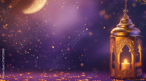 3d modern Islamic holiday banner for Ramadan. A lit up lantern and crescent moon decor on purple and golden dusk background.