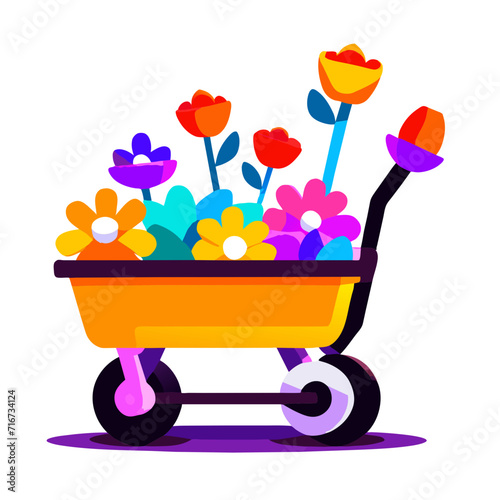 Flower wheelbarrow with flowers. Vector illustration in cartoon style Generative AI