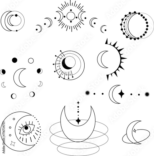 Vector set of Moon. Bohemian linear logos, esoteric symbols. Alchemical mystical magic elements for prints, posters, illustrations and patterns. Magic aesthetics.