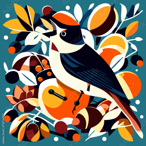 Vector illustration of a titmouse on a background of autumn leaves and berries AI Generated