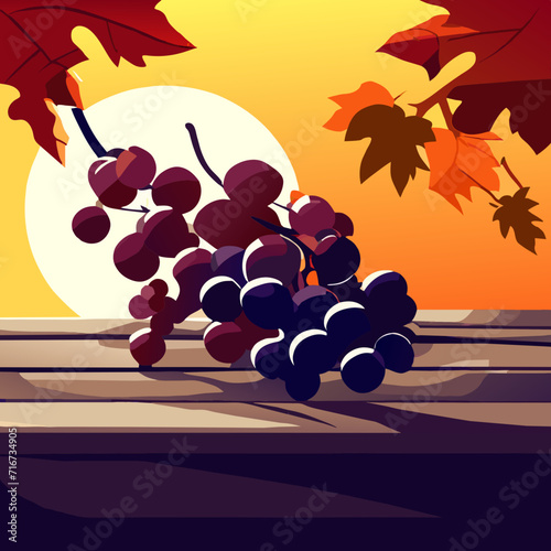 Bunch of grapes on a wooden table. Vector illustration in flat style AI Generated