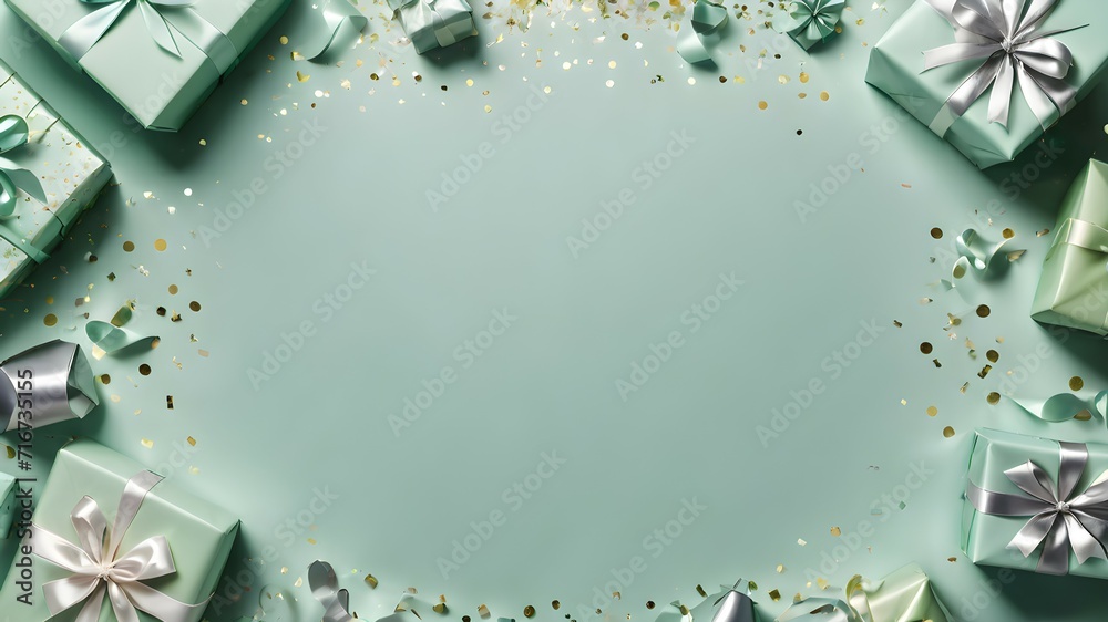 Fototapeta premium Pale green and silver decorations, gifts, and confetti for birthdays. An elegant background for a holiday card.