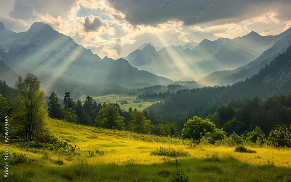 Photo of sunrays shining on alpen mountains