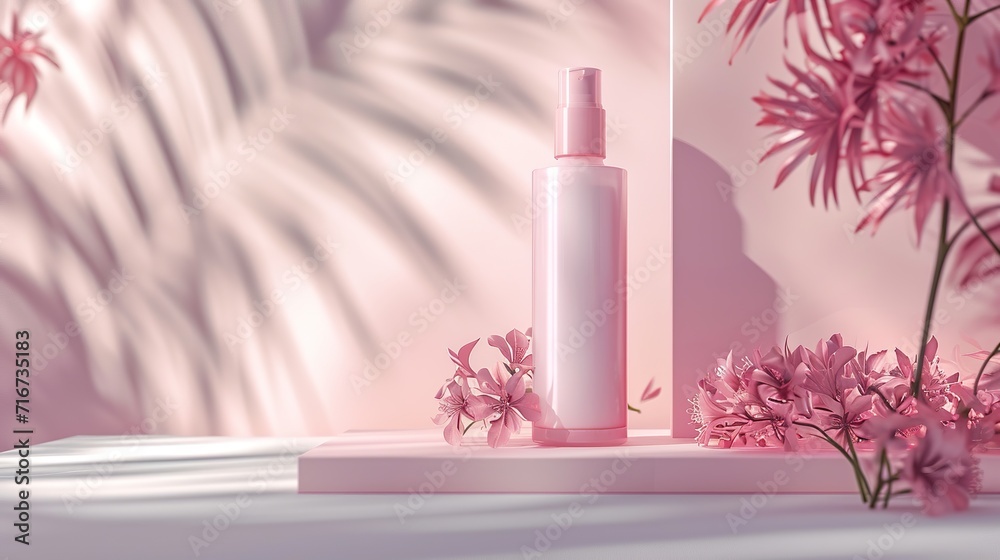 Elevate your beauty routine with our pastel pink product. Aesthetic bottle layout for a healthy and caring cosmetic background. Elevate your beauty routine with our pastel pink product. Aesthetic bottle layout for a healthy and caring cosmetic background.