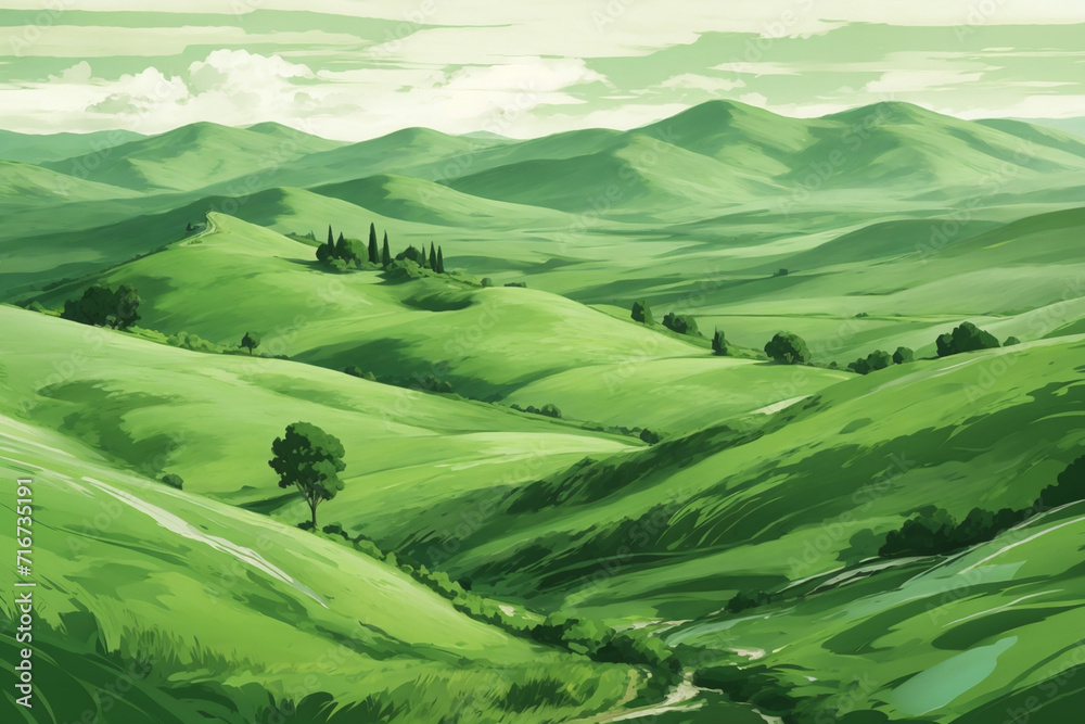 Green rolling hills in a semi abstract landscapes in shades of green