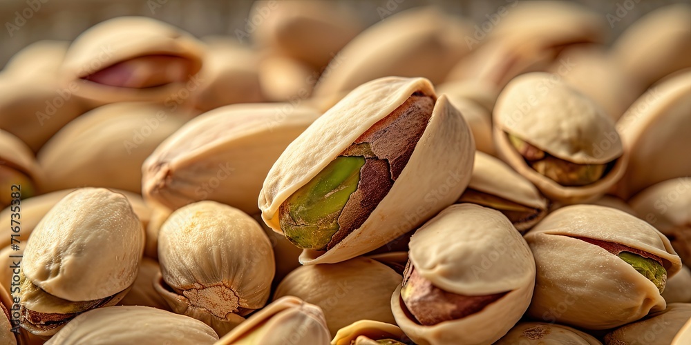 Unpeeled nuts, pistachios, delicious healthy vegan snack, background.