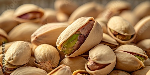 Unpeeled nuts, pistachios, delicious healthy vegan snack, background.