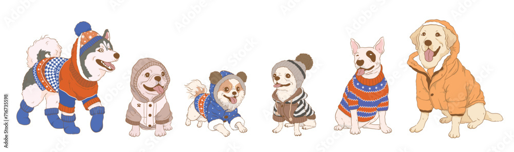 cartoon dog wearing clothes ,dog in various sweaters,Hoodie and Jacket in winter,isolated on white background.	
