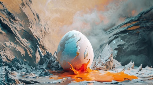 A stunning work of art capturing the contrast between the serene, white egg and the fiery, orange lava amidst a rugged mountain landscape
