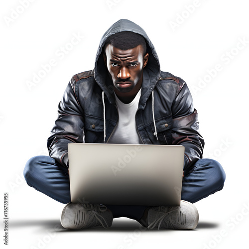 African man at a bank learning about online fraud protection isolated on white background, hyperrealism, png 