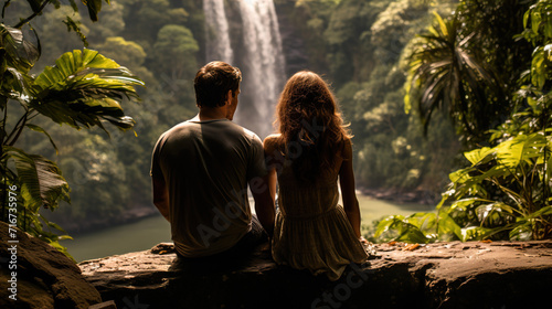 couple sitting at the waterfall