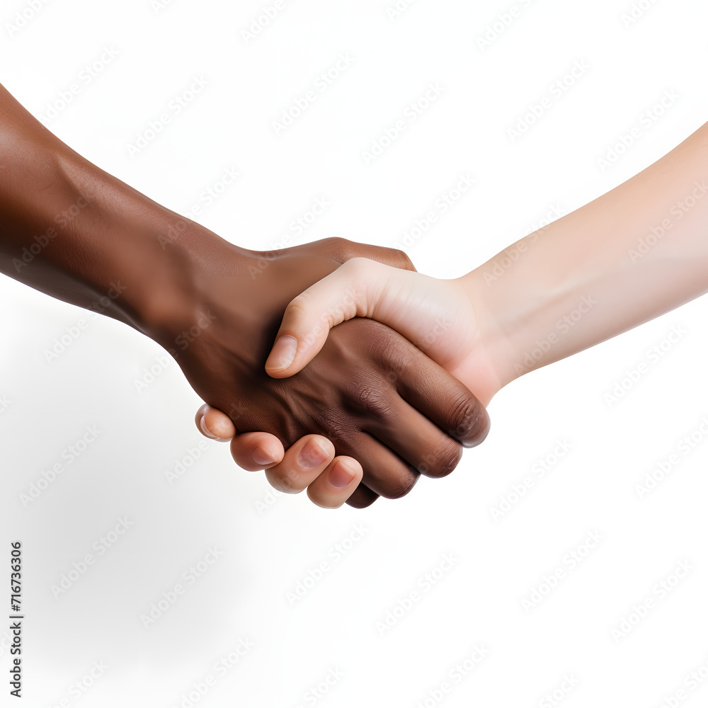 Close-up of a handshake between diverse individuals isolated on white background, vintage, png
