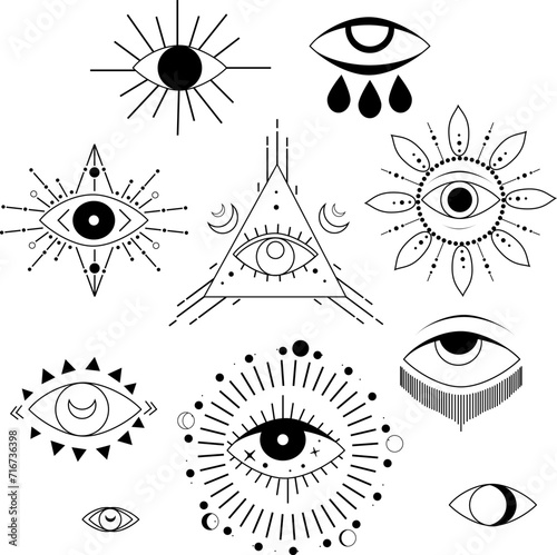 Vector set of Eyes. Bohemian linear logos, esoteric symbols. Alchemical mystical magic elements for prints, posters, illustrations and patterns. Magic aesthetics.