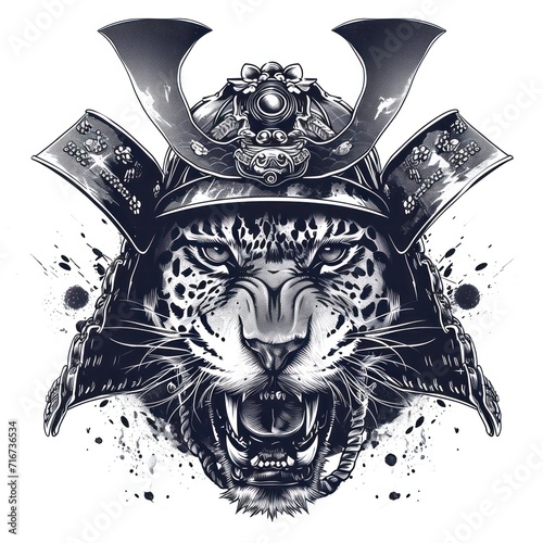 Jaguar using a samurai helmet isolated in a white background