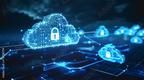 Cloud computing icons with secure SSL padlocks, Cloud Security, dynamic and dramatic compositions, with copy space