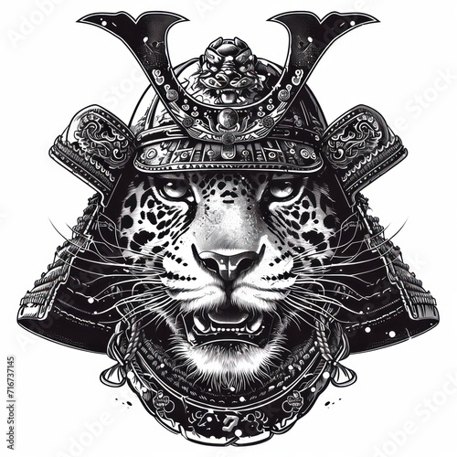 Jaguar using a samurai helmet isolated in a white background
