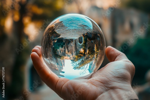 Hands holding a crystal ball reflecting and distorting the surrounding environment, merging reality with fantasy
