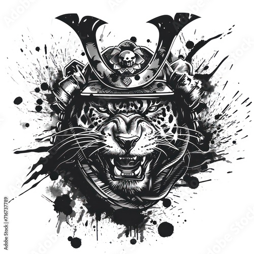 Jaguar using a samurai helmet isolated in a white background
