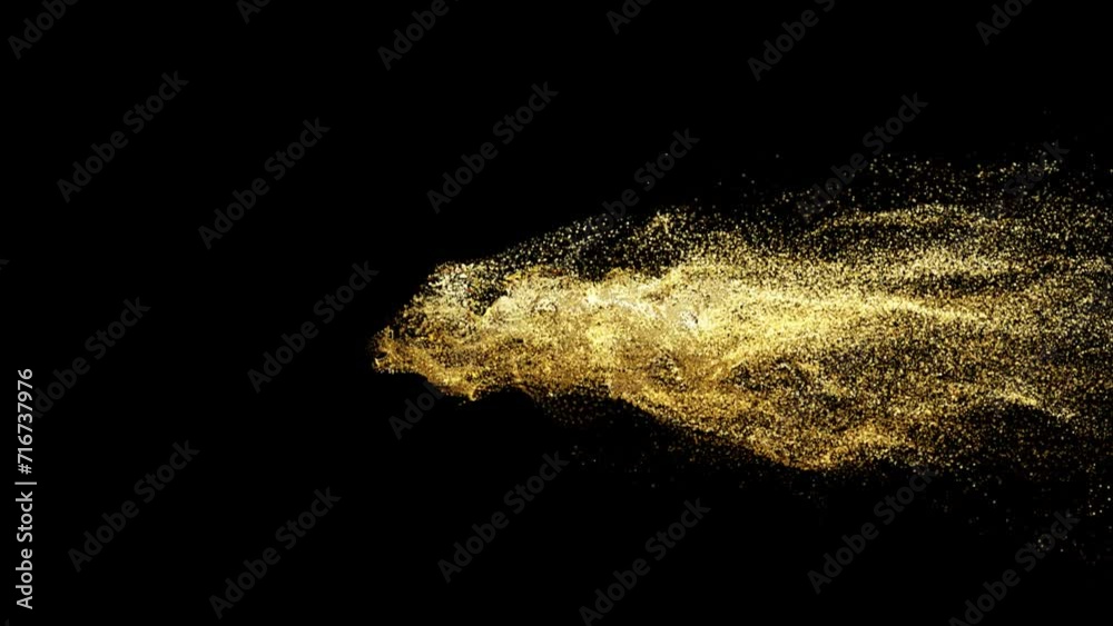 40K realistic 3d gold particle text with dust effect on black background. Fill letters with golden particles. 4k abstract Footage