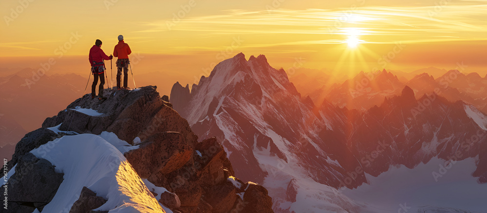 Couple standing on the top of a mountain and looking at the sunset. Romantic. Travel sport lifestyle concept.
