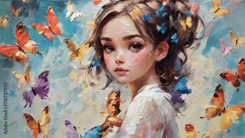 A girl with big eyes surrounded by butterflies painted with oil paints 