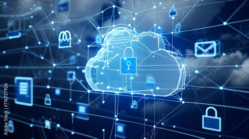 A cloud connected to various devices, all secured with padlocks, Cloud Security, dynamic and dramatic compositions, with copy space