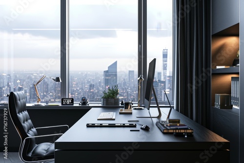 Luxurious home office interior with a sleek black desk  high-tech gadgets  and a large window showing an urban view
