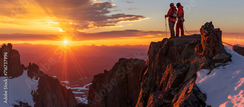 Couple on the top of the mountain at sunset. Romantic. Travel sport lifestyle concept.