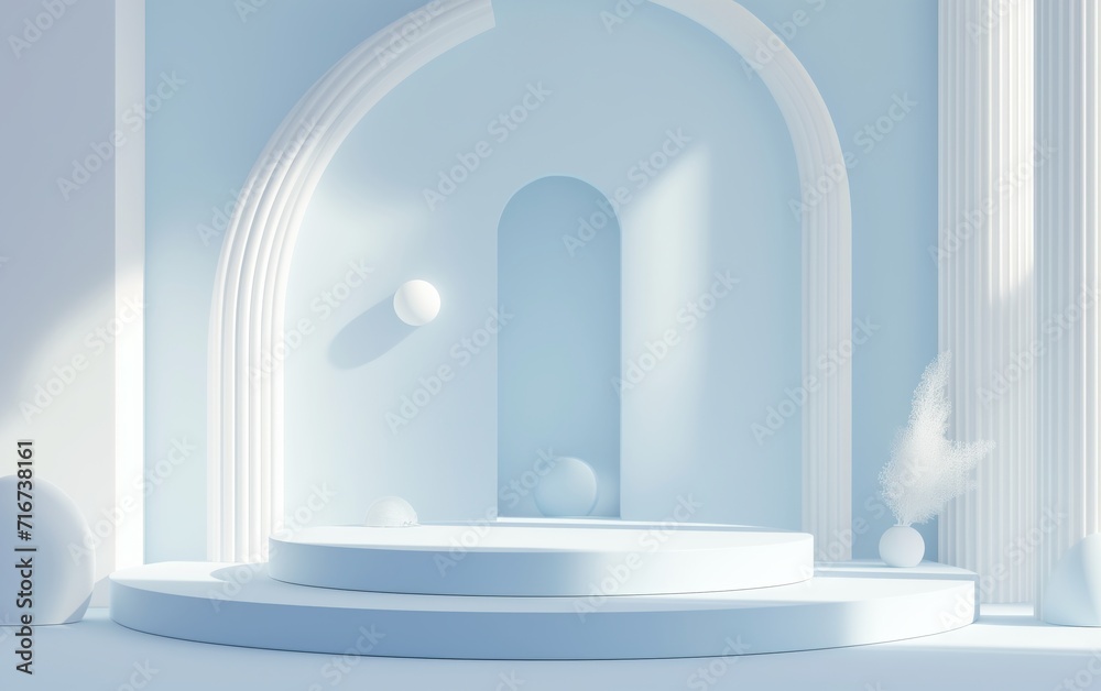 3D render showing abstract podium pedestal view decorated with tropical leaves and serene blue pastel plant scene, cosmetic product advertising and promotion concept on natural background 3D render showing abstract podium pedestal view decorated with tropical leaves and serene blue pastel plant scene, cosmetic product advertising and promotion concept on natural background