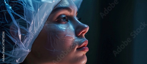 A woman hides her face behind a plastic bag  concealing her identity and creating a hauntingly mysterious portrait of anonymity