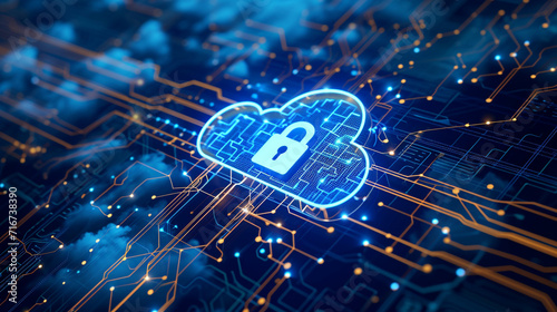 A cloud computing diagram with secure network connections and a central lock symbol, Cloud Security, dynamic and dramatic compositions, with copy space photo