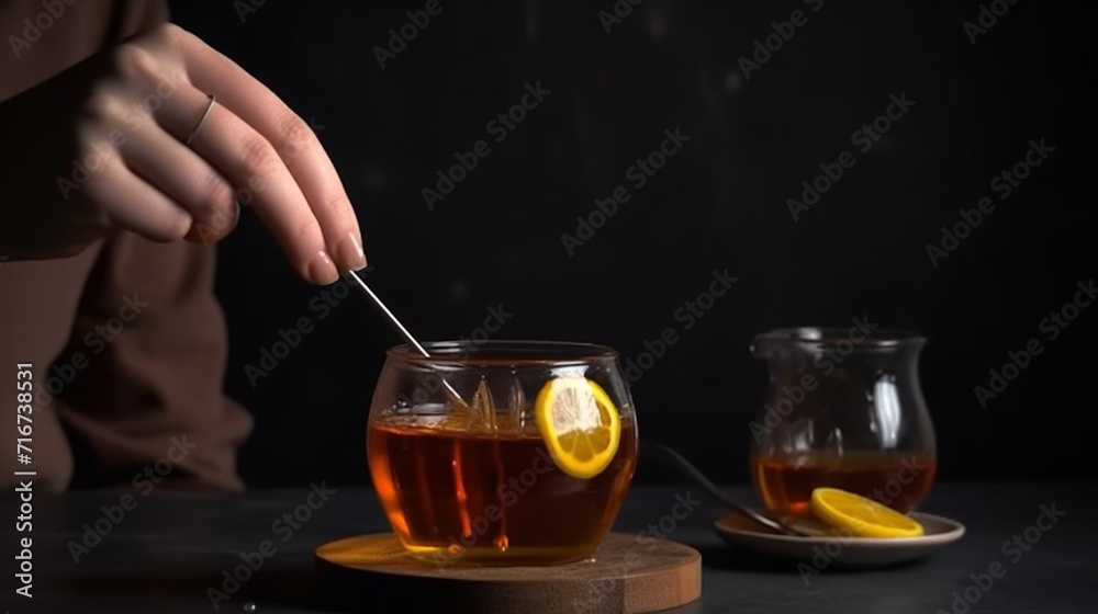Front view person holding glass with tea and honey dipper 5