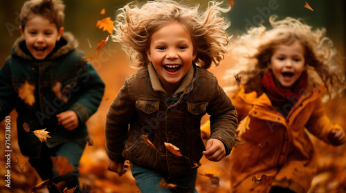 children are runing in the forest