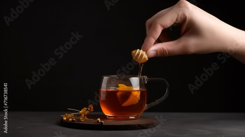 Front view person holding glass with tea and honey dipper 6