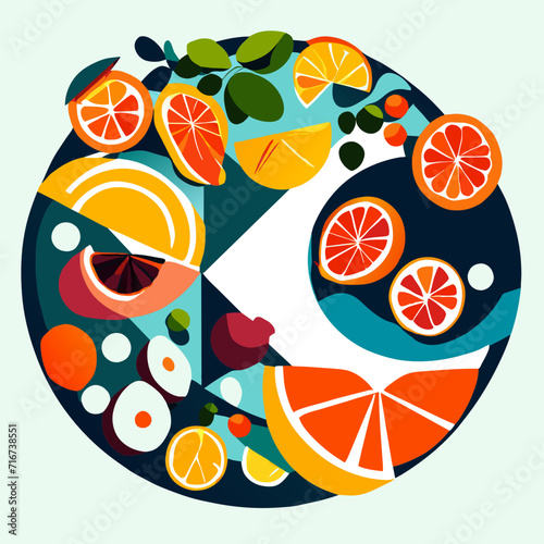 Illustration of a plate with citrus fruits. Vector illustration in flat style. Generative AI