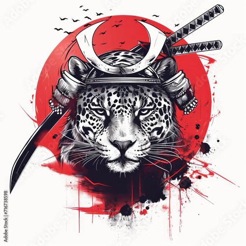 Jaguar using a samurai helmet isolated in a white background