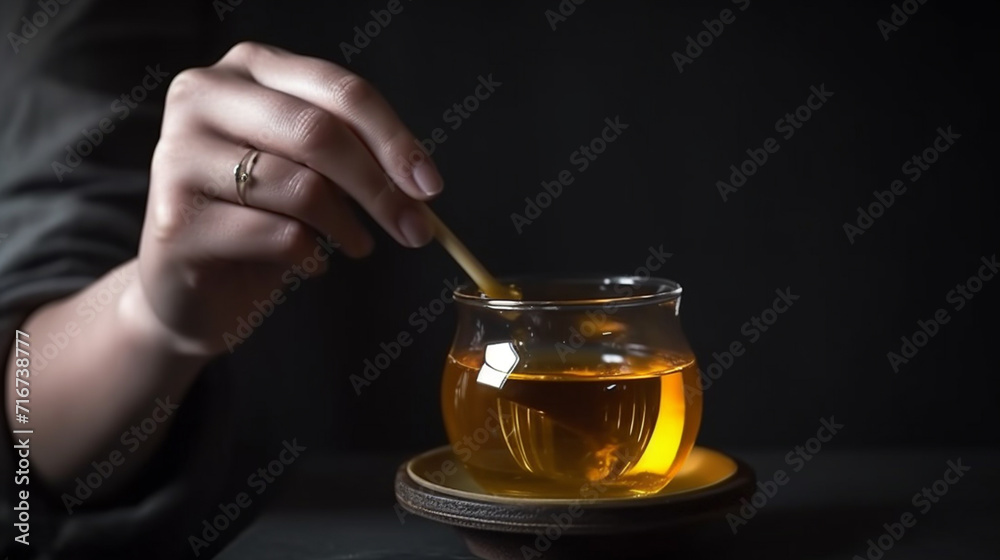 Front view person holding glass with tea and honey dipper 4 Front view person holding glass with tea and honey dipper 4