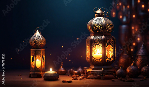 Ornamental Arabic lantern with burning candle glowing at night. Festive greeting card, invitation for Muslim holy month Ramadan Kareem. digital ai art